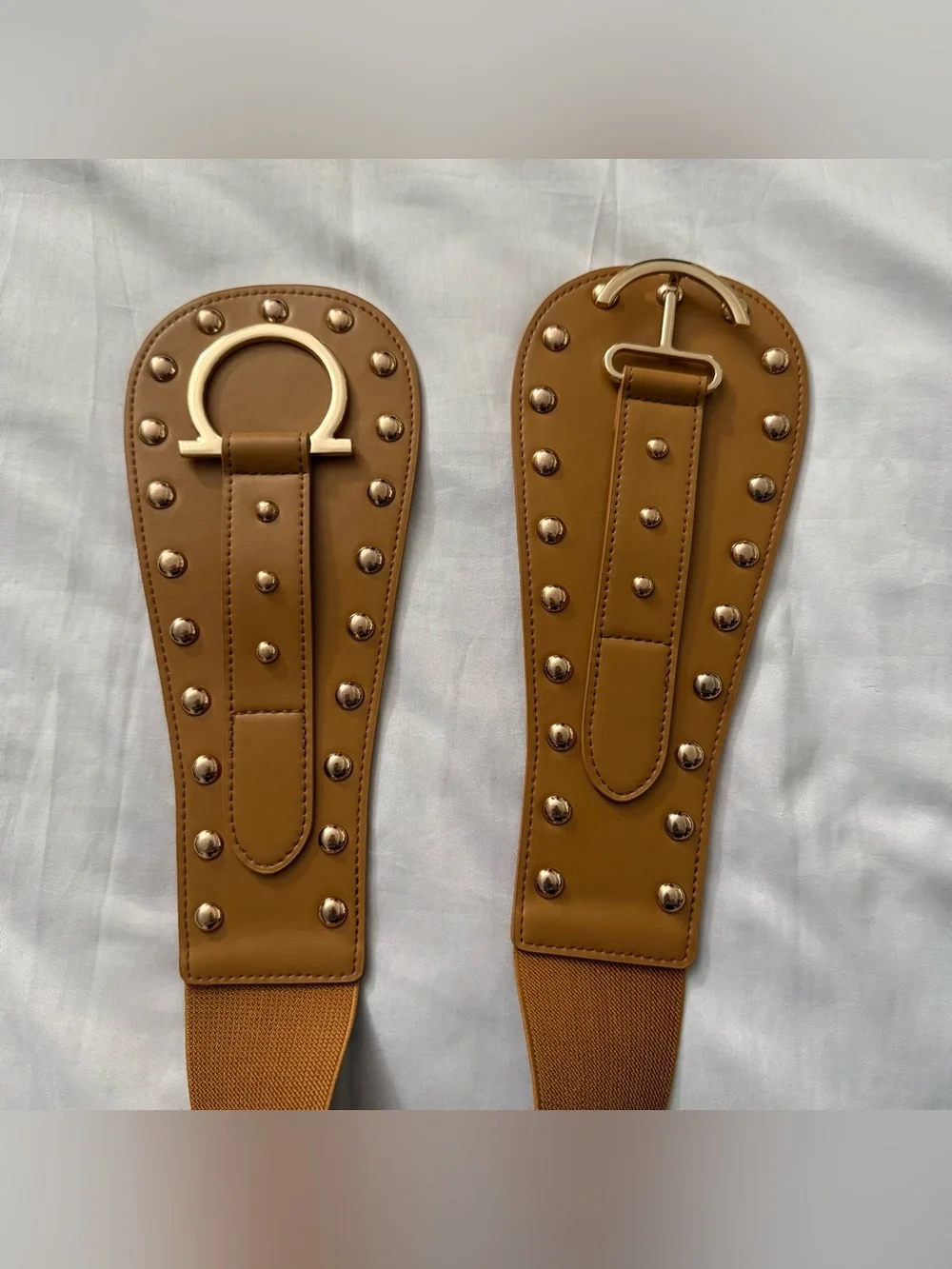 Camel wide PU studded leather elastic waistband belt